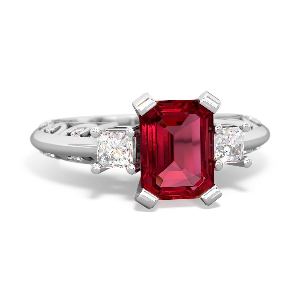 Lab Ruby Art Deco Diamond 8X6 Emerald-Cut Engagement 14K White Gold ring R20018EM