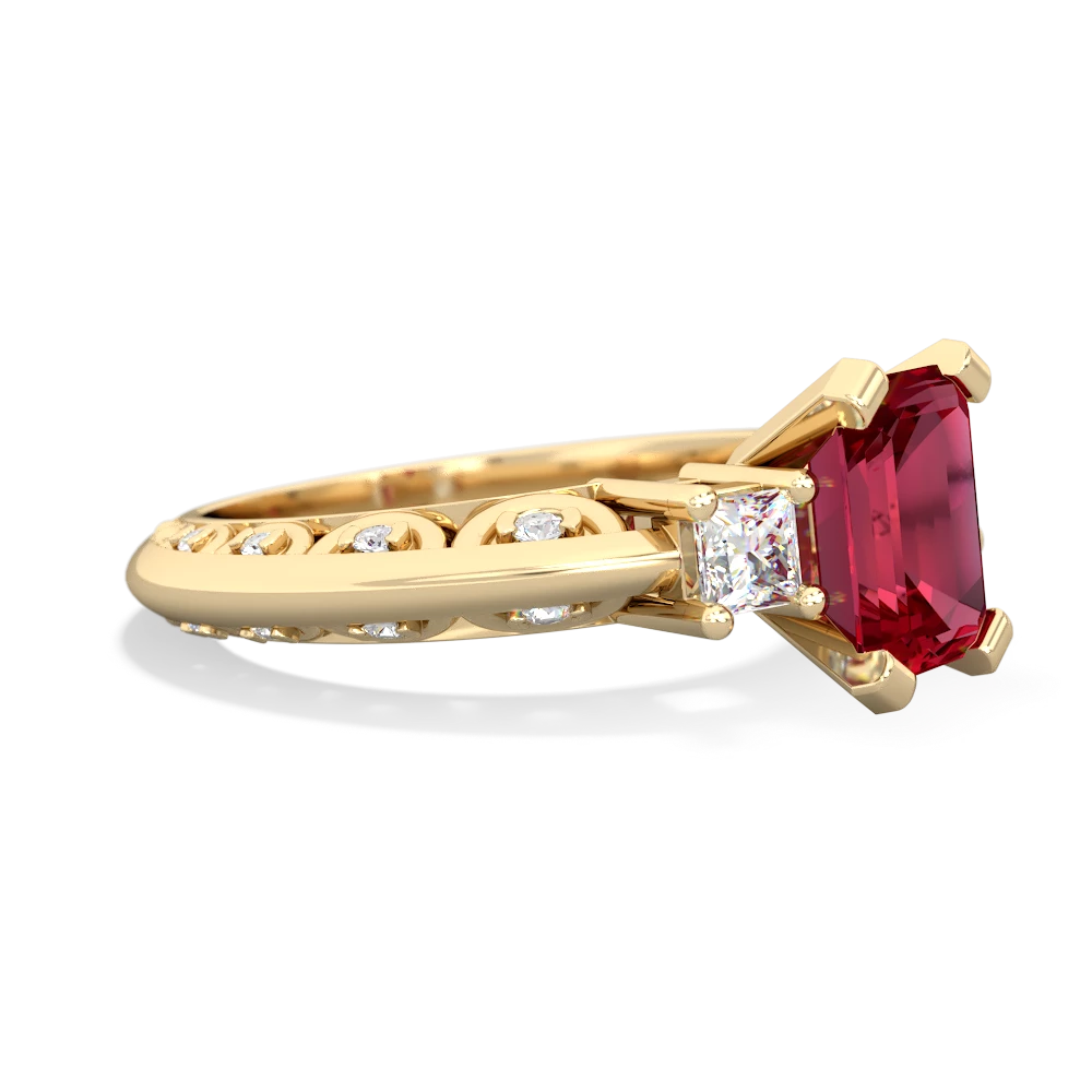 Lab Ruby Art Deco Diamond 8X6 Emerald-Cut Engagement 14K Yellow Gold ring R20018EM