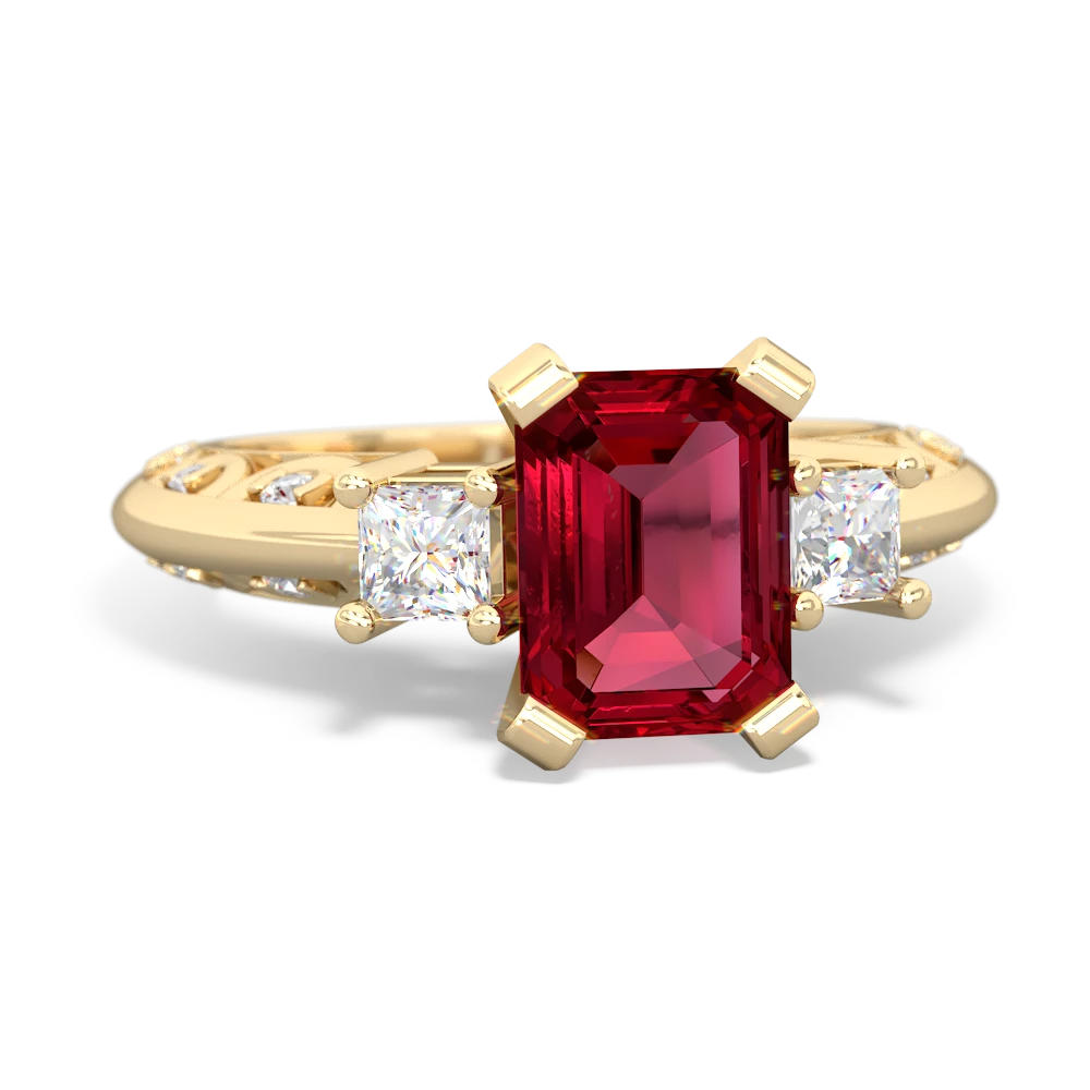 Lab Ruby Art Deco Diamond 8X6 Emerald-Cut Engagement 14K Yellow Gold ring R20018EM