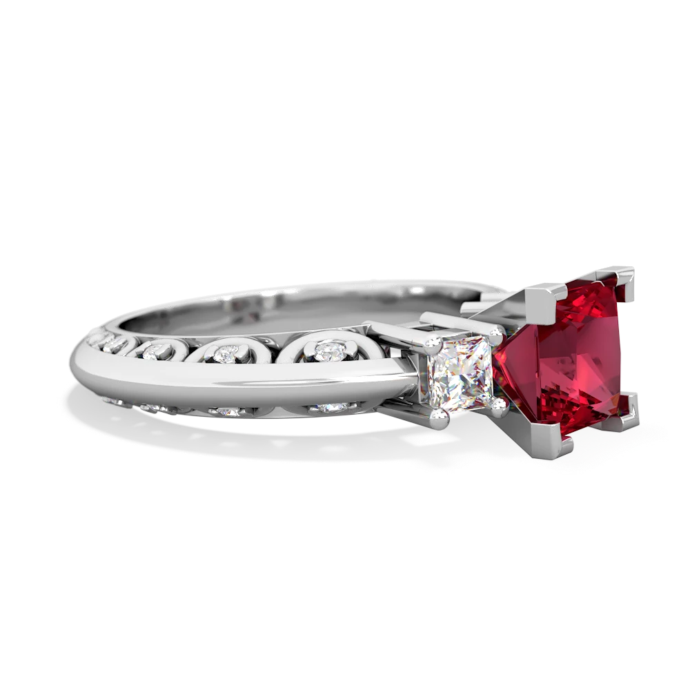 Lab Ruby Art Deco Diamond Engagement 6Mm Princess 14K White Gold ring R2001