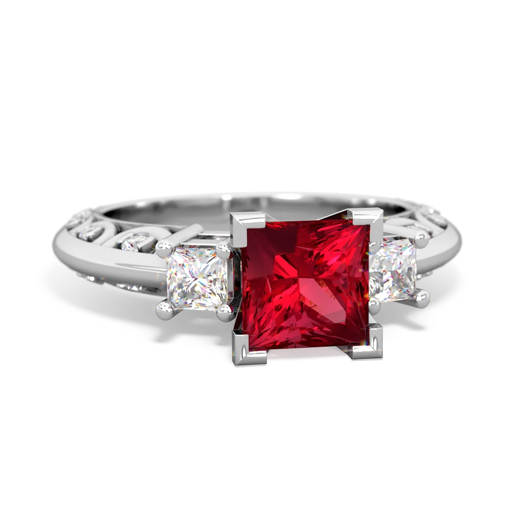 Lab Ruby Art Deco Diamond Engagement 6Mm Princess 14K White Gold ring R2001