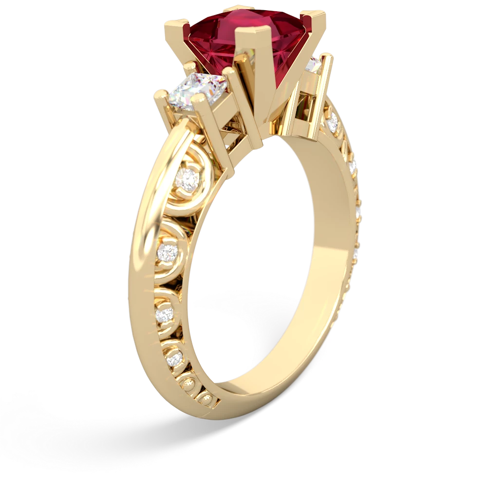 Lab Ruby Art Deco Diamond Engagement 6Mm Princess 14K Yellow Gold ring R2001