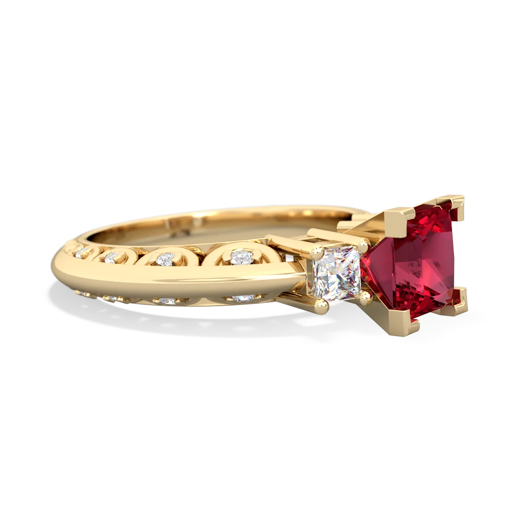 Lab Ruby Art Deco Diamond Engagement 6Mm Princess 14K Yellow Gold ring R2001