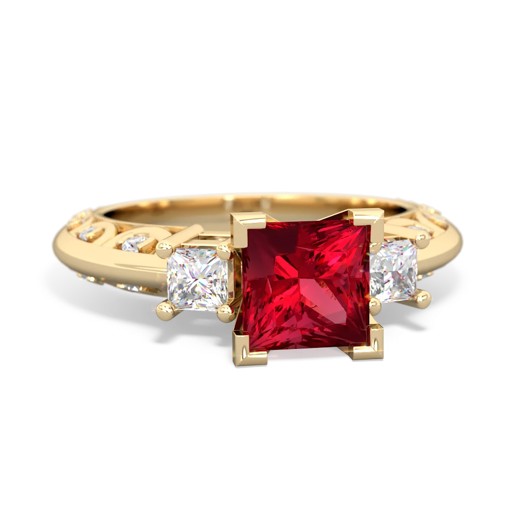 Lab Ruby Art Deco Diamond Engagement 6Mm Princess 14K Yellow Gold ring R2001