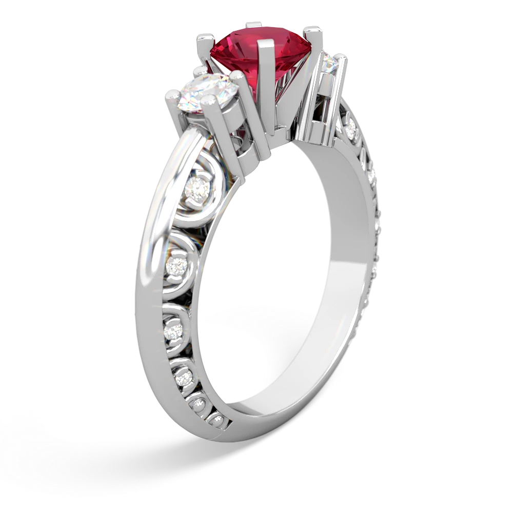 Lab Ruby Art Deco Diamond 6Mm Round Engagment 14K White Gold ring R2003