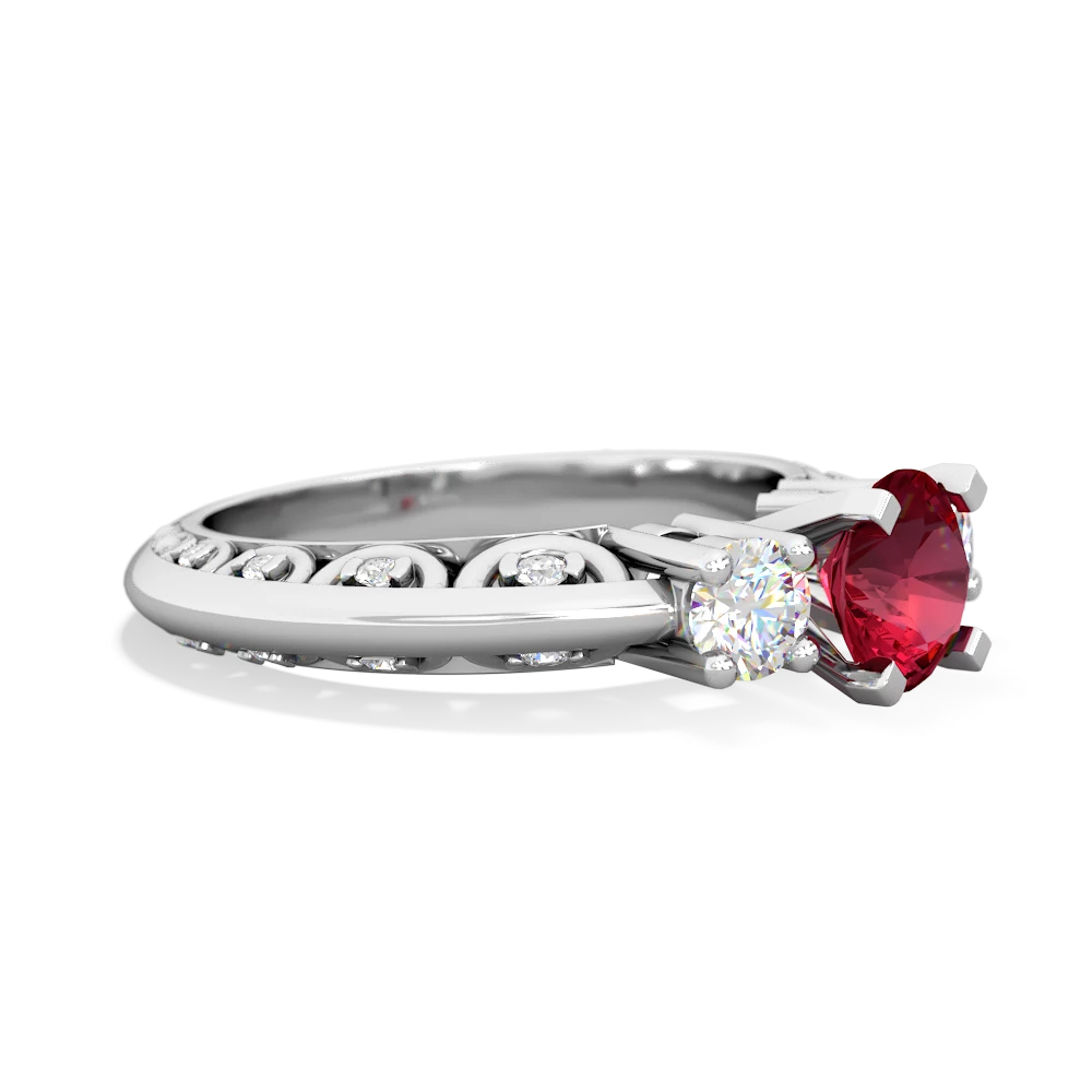 Lab Ruby Art Deco Diamond 6Mm Round Engagment 14K White Gold ring R2003