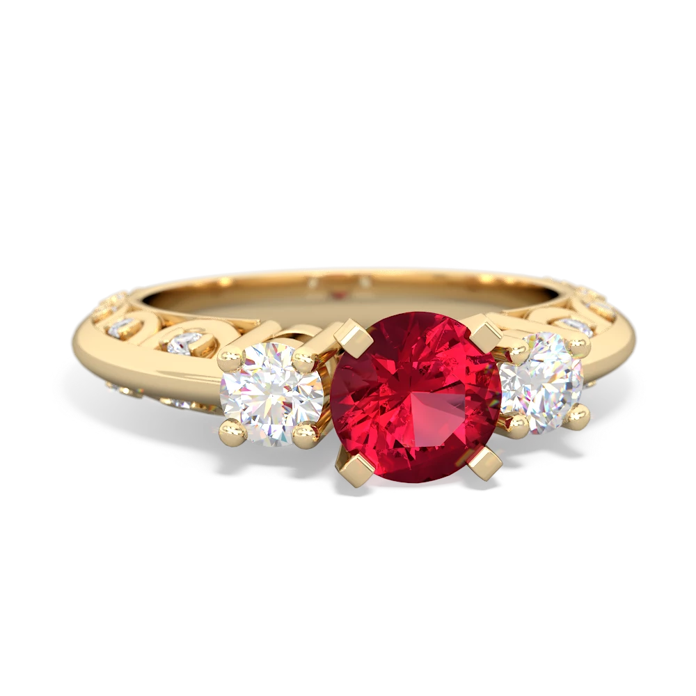 Lab Ruby Art Deco Diamond 6Mm Round Engagment 14K Yellow Gold ring R2003