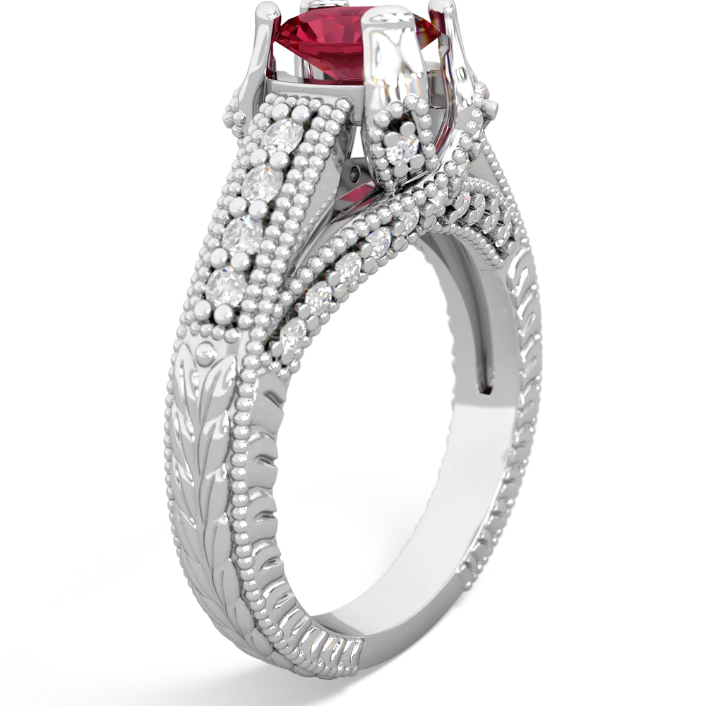 Lab Ruby Antique Style Milgrain Diamond 14K White Gold ring R2028
