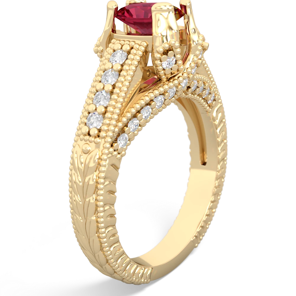 Lab Ruby Antique Style Milgrain Diamond 14K Yellow Gold ring R2028