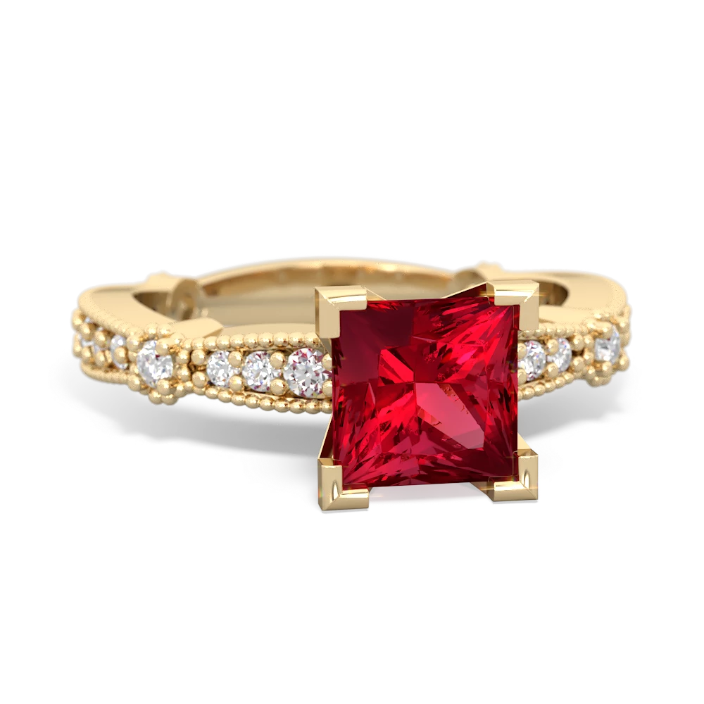 Lab Ruby Sparkling Tiara 6Mm Princess 14K Yellow Gold ring R26296SQ