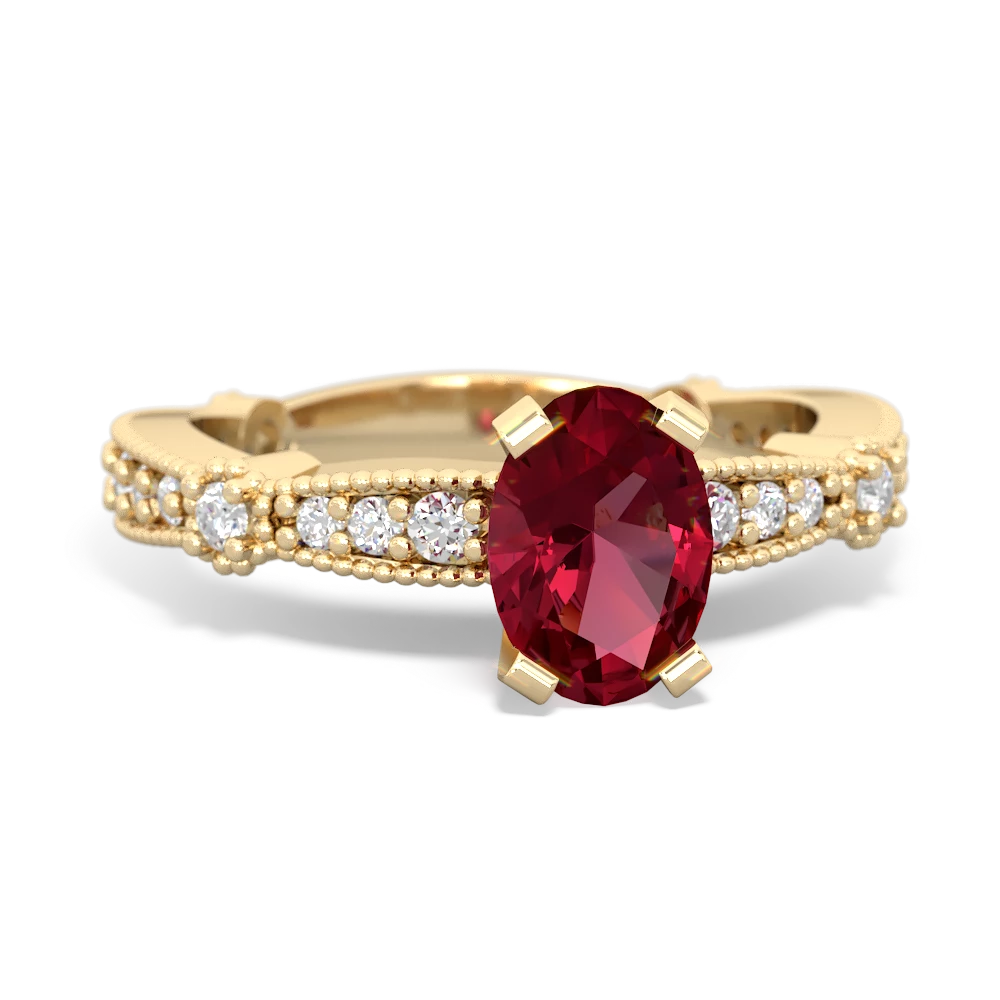 Lab Ruby Milgrain Antique Style 14K Yellow Gold ring R26297VL
