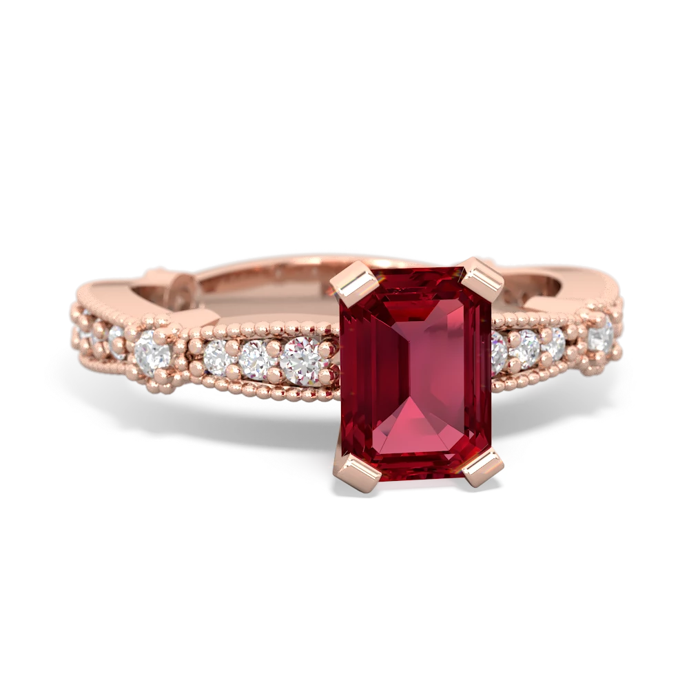 Lab Ruby Sparkling Tiara 7X5mm Emerald-Cut 14K Rose Gold ring R26297EM