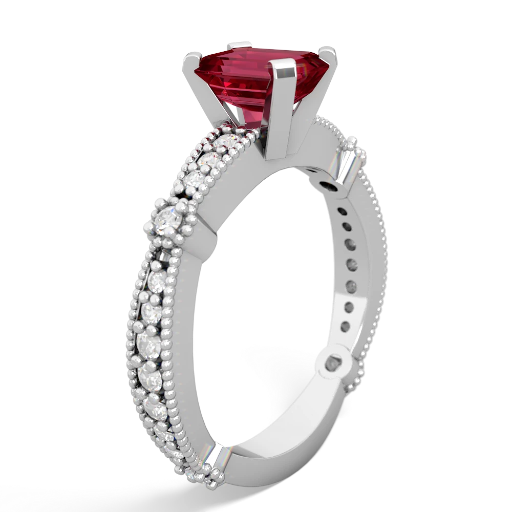 Lab Ruby Sparkling Tiara 7X5mm Emerald-Cut 14K White Gold ring R26297EM
