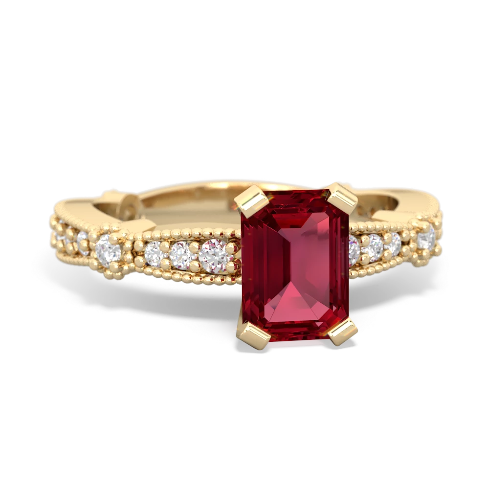 Lab Ruby Sparkling Tiara 7X5mm Emerald-Cut 14K Yellow Gold ring R26297EM