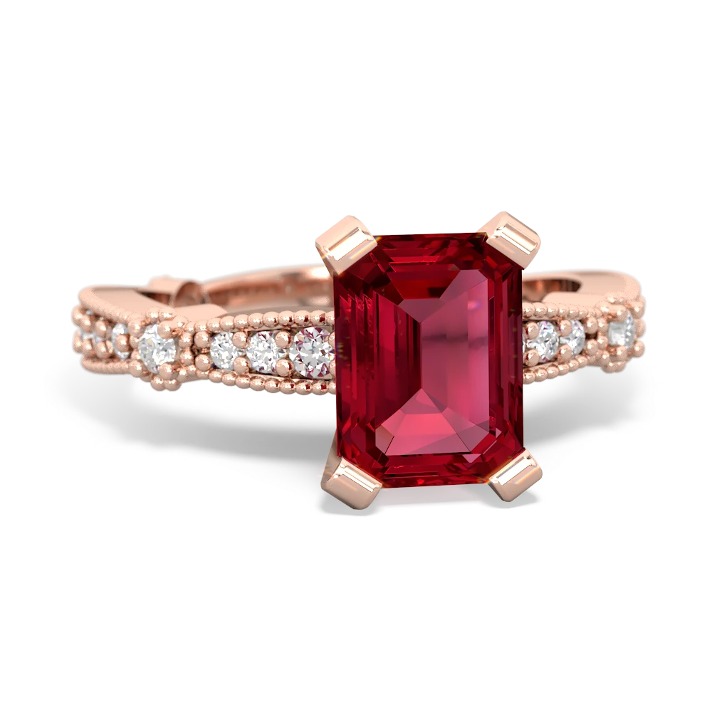 Lab Ruby Sparkling Tiara 8X6 Emerald-Cut 14K Rose Gold ring R26298EM