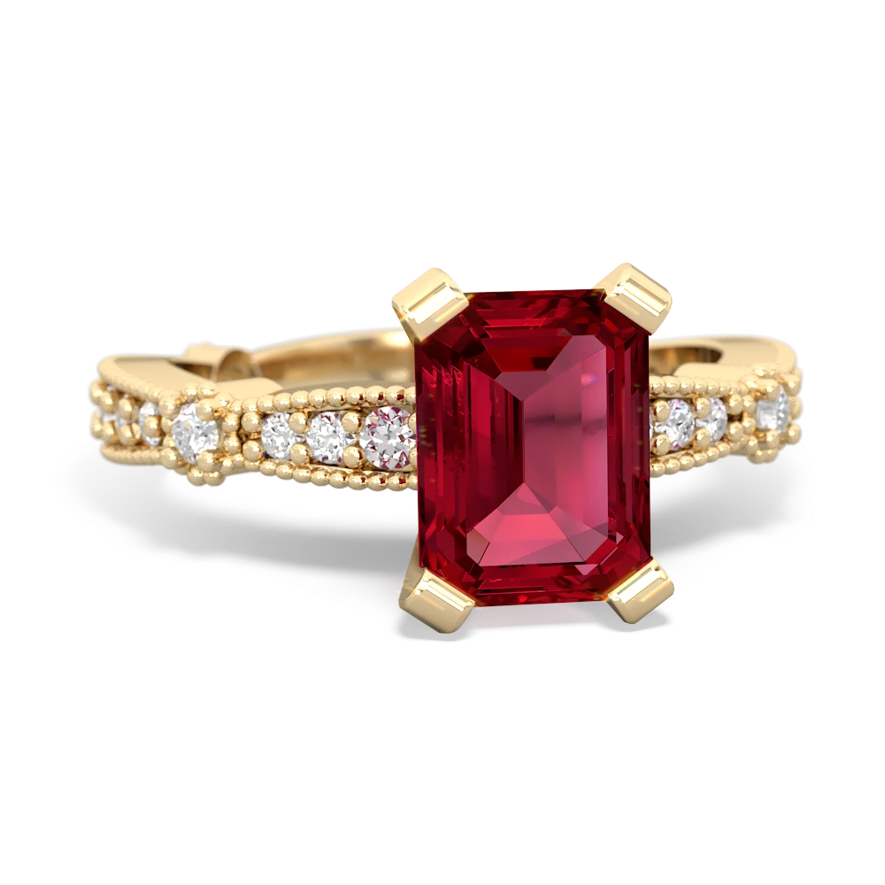 Lab Ruby Sparkling Tiara 8X6 Emerald-Cut 14K Yellow Gold ring R26298EM