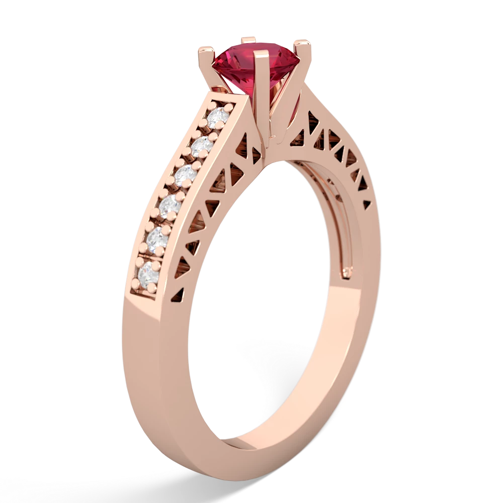 Lab Ruby Art Deco Engagement 5Mm Round 14K Rose Gold ring R26355RD