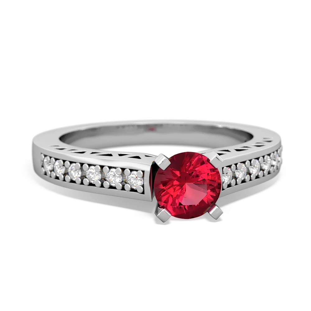 Lab Ruby Art Deco Engagement 5Mm Round 14K White Gold ring R26355RD