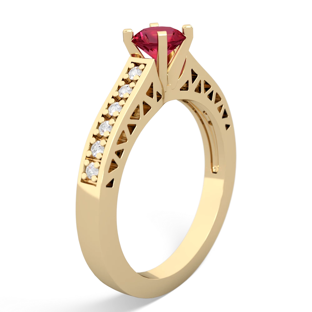 Lab Ruby Art Deco Engagement 5Mm Round 14K Yellow Gold ring R26355RD