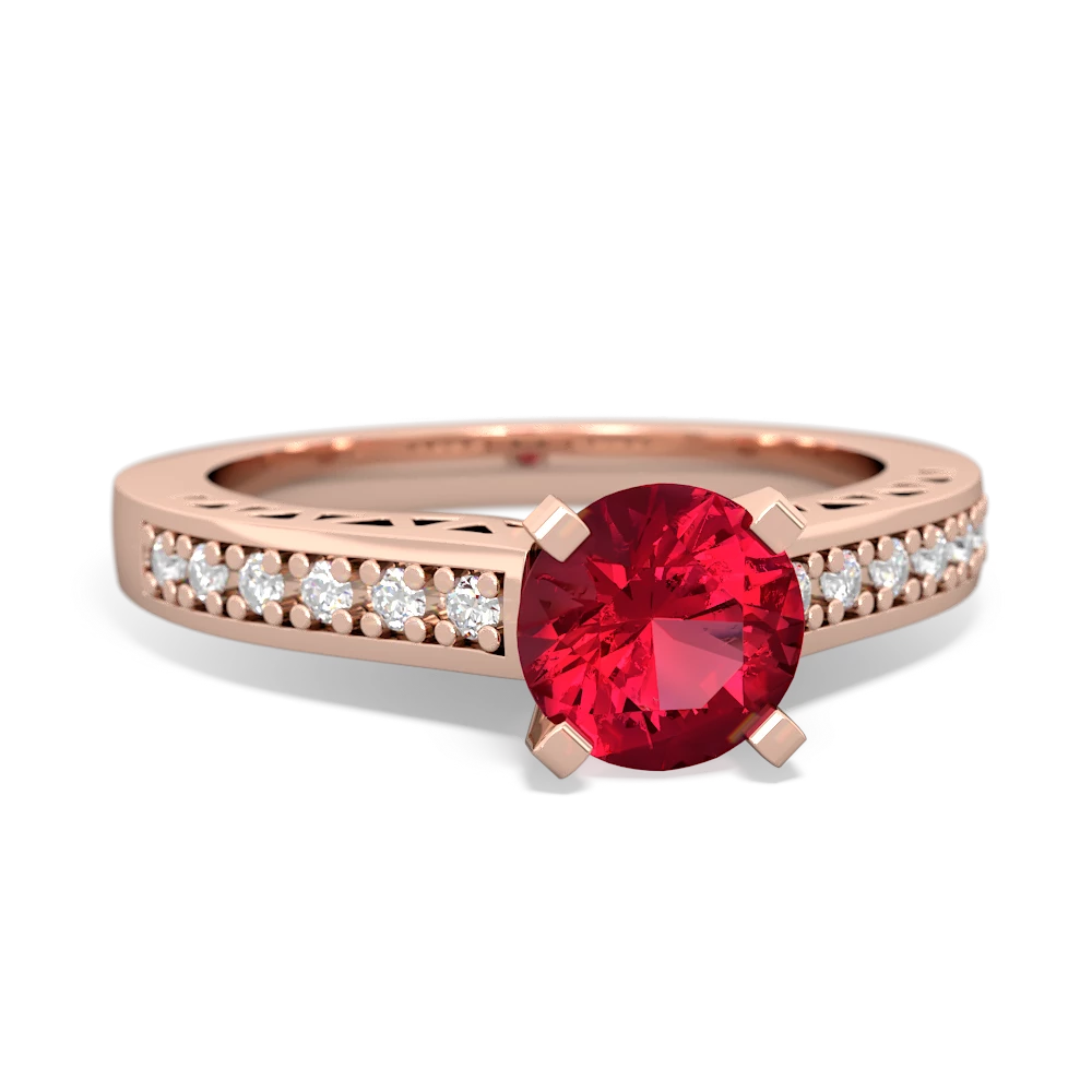 Lab Ruby Art Deco Engagement 6Mm Round 14K Rose Gold ring R26356RD