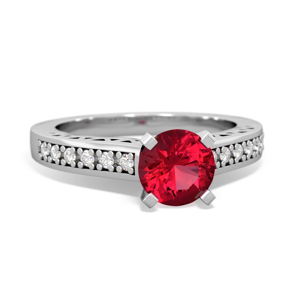 Lab Ruby Art Deco Engagement 6Mm Round 14K White Gold ring R26356RD