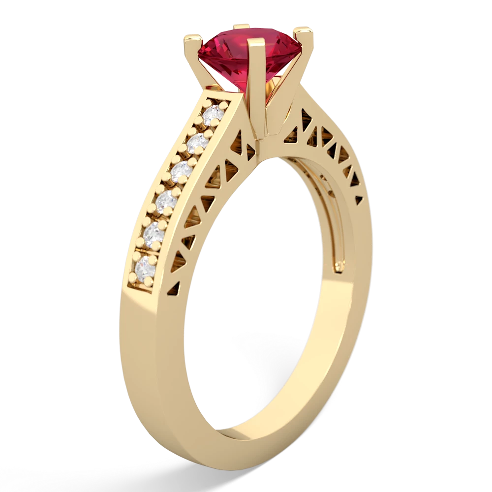 Lab Ruby Art Deco Engagement 6Mm Round 14K Yellow Gold ring R26356RD