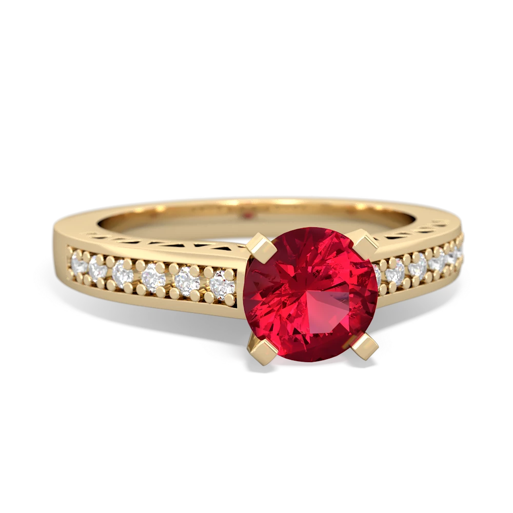 Lab Ruby Art Deco Engagement 6Mm Round 14K Yellow Gold ring R26356RD