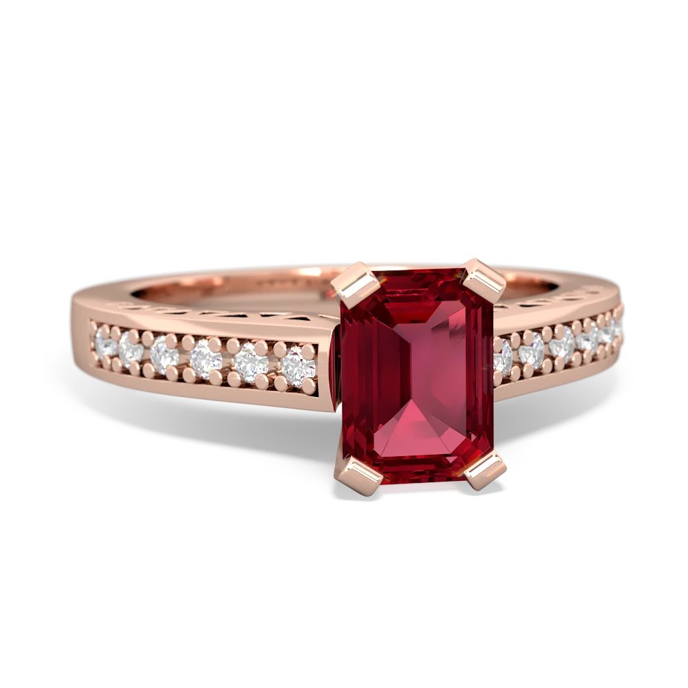 Lab Ruby Art Deco Engagement 7X5mm Emerald-Cut 14K Rose Gold ring R26357EM