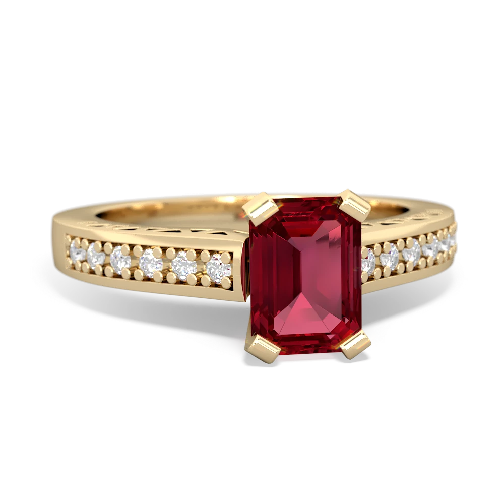 Lab Ruby Art Deco Engagement 7X5mm Emerald-Cut 14K Yellow Gold ring R26357EM