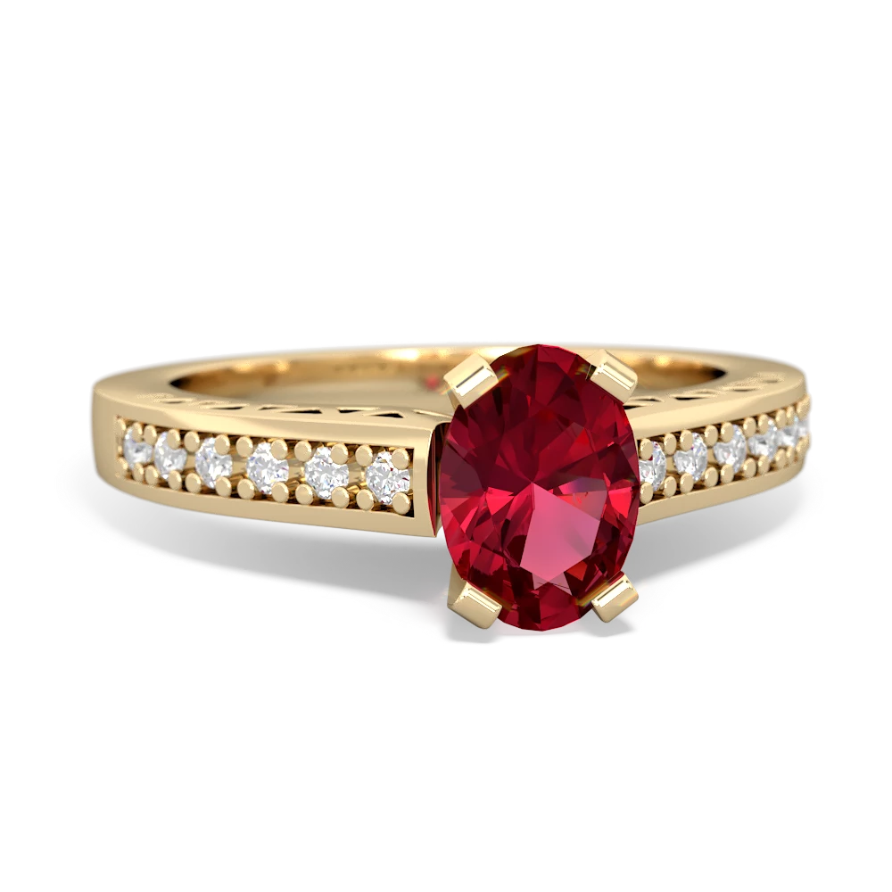 Lab Ruby Art Deco Engagement 7X5mm Oval 14K Yellow Gold ring R26357VL