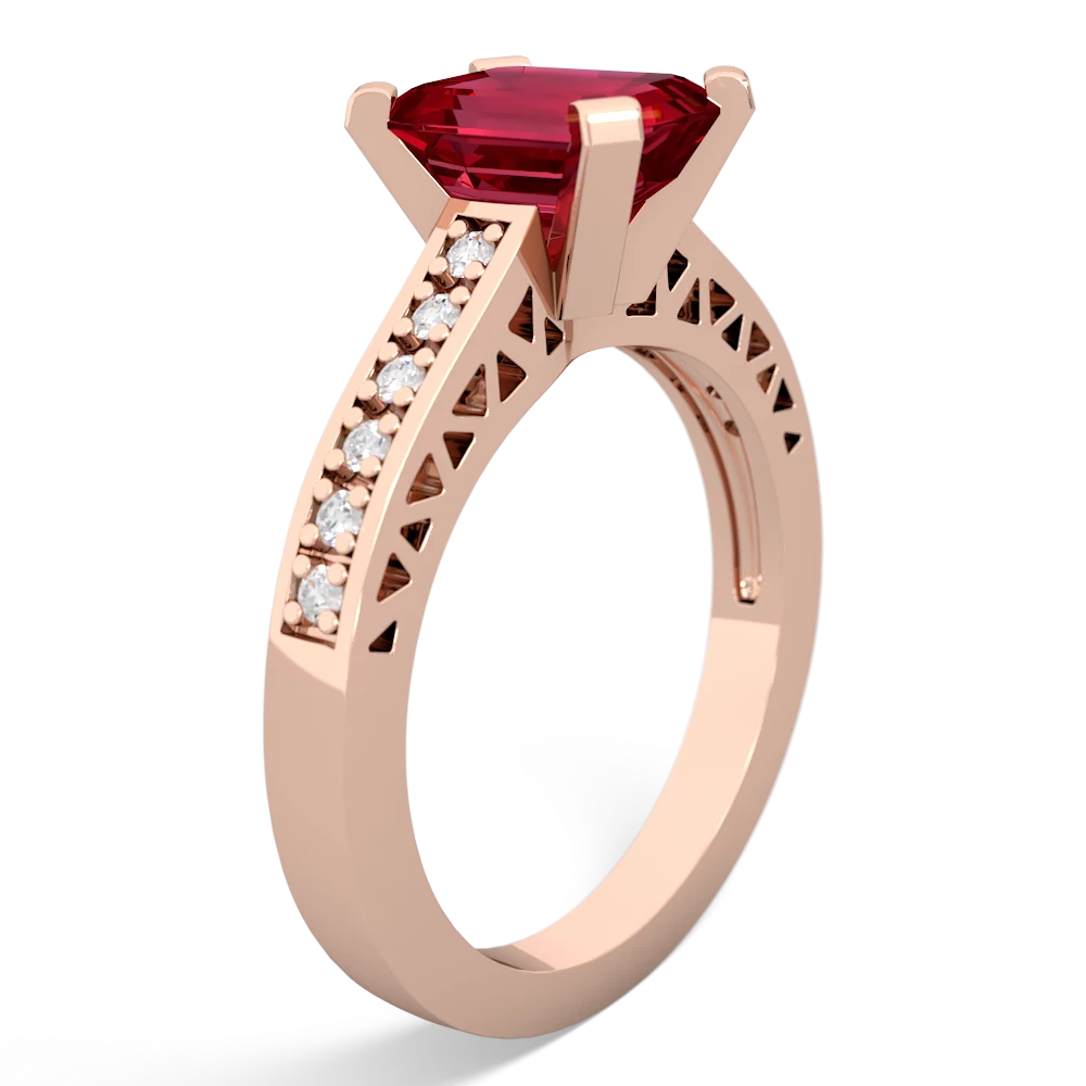 Lab Ruby Art Deco Engagement 8X6mm Emerald-Cut 14K Rose Gold ring R26358EM