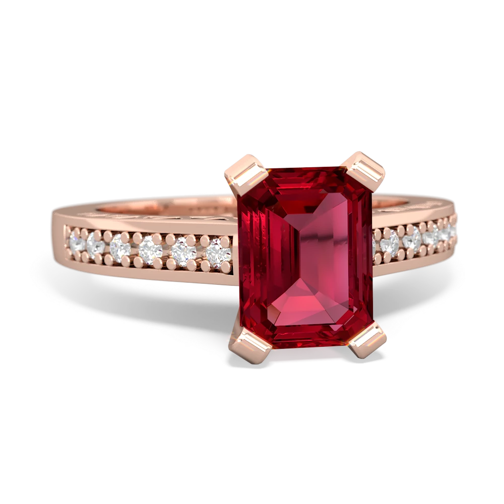 Lab Ruby Art Deco Engagement 8X6mm Emerald-Cut 14K Rose Gold ring R26358EM