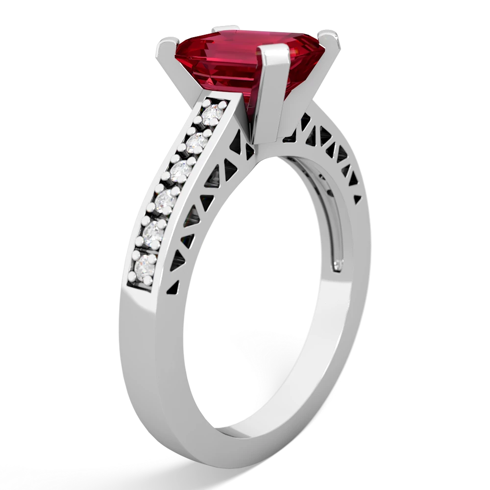 Lab Ruby Art Deco Engagement 8X6mm Emerald-Cut 14K White Gold ring R26358EM