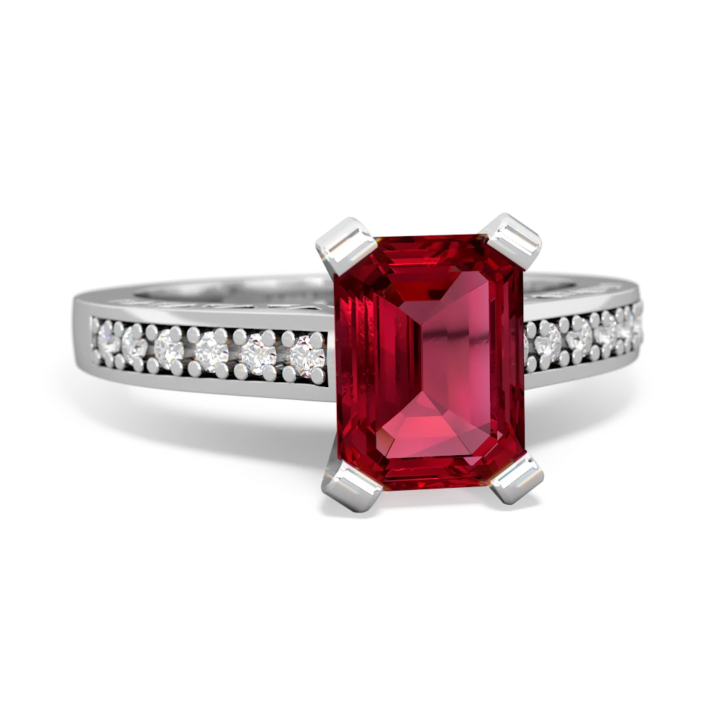 Lab Ruby Art Deco Engagement 8X6mm Emerald-Cut 14K White Gold ring R26358EM