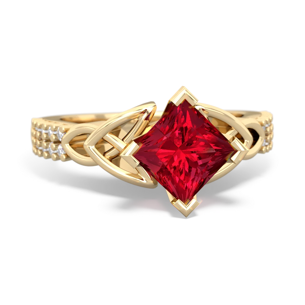 Lab Ruby Celtic Knot 6Mm Princess Engagement 14K Yellow Gold ring R26446SQ