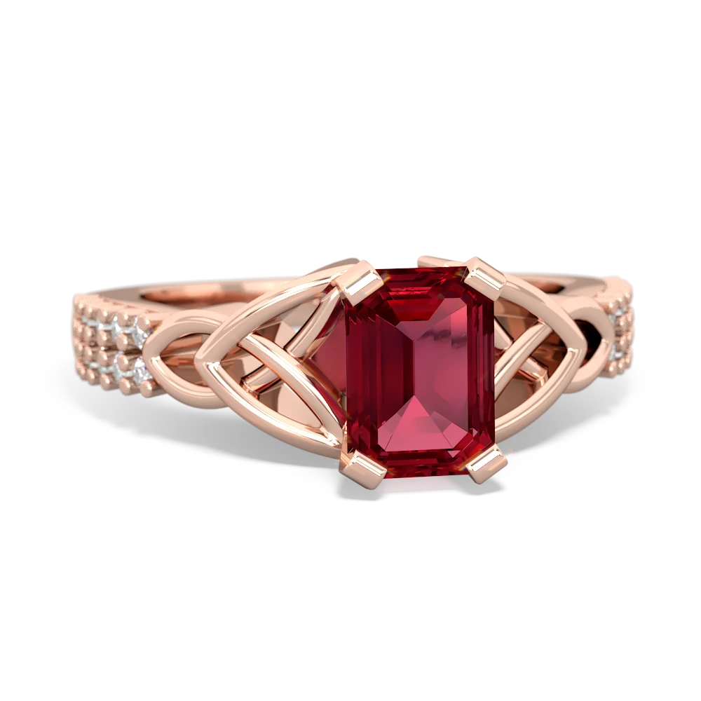 Lab Ruby Celtic Knot 7X5 Emerald-Cut Engagement 14K Rose Gold ring R26447EM