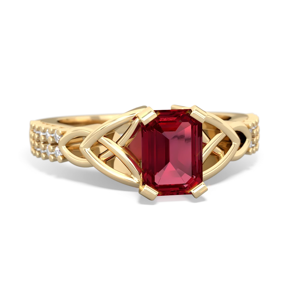 Lab Ruby Celtic Knot 7X5 Emerald-Cut Engagement 14K Yellow Gold ring R26447EM