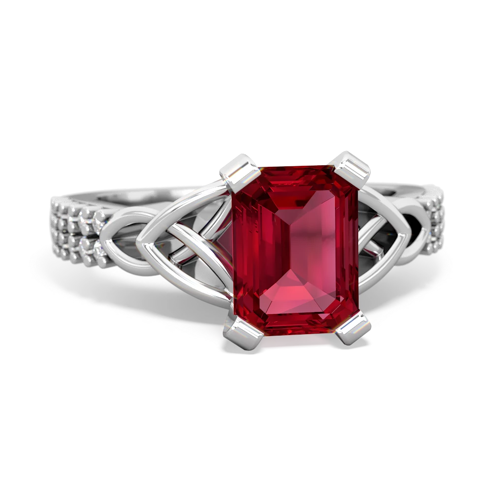 Lab Ruby Celtic Knot 8X6 Emerald-Cut Engagement 14K White Gold ring R26448EM