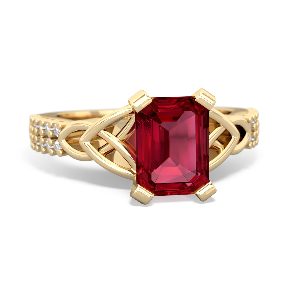 Lab Ruby Celtic Knot 8X6 Emerald-Cut Engagement 14K Yellow Gold ring R26448EM