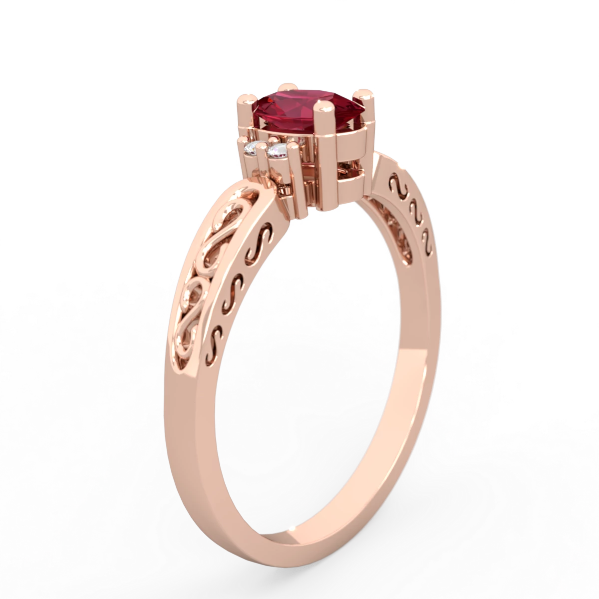 Lab Ruby Filligree Scroll Oval 14K Rose Gold ring R0812