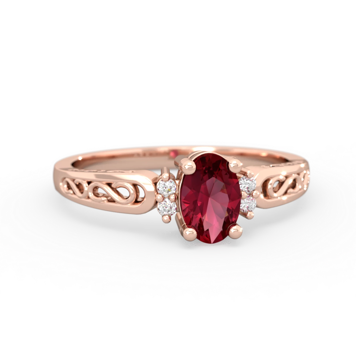Lab Ruby Filligree Scroll Oval 14K Rose Gold ring R0812