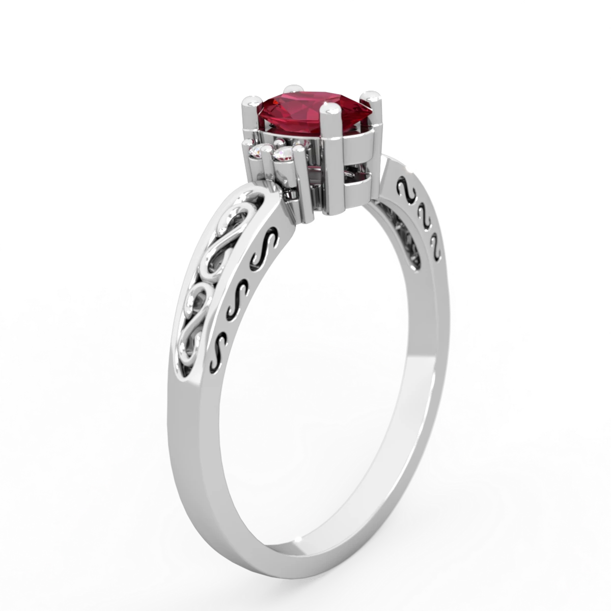 Lab Ruby Filligree Scroll Oval 14K White Gold ring R0812