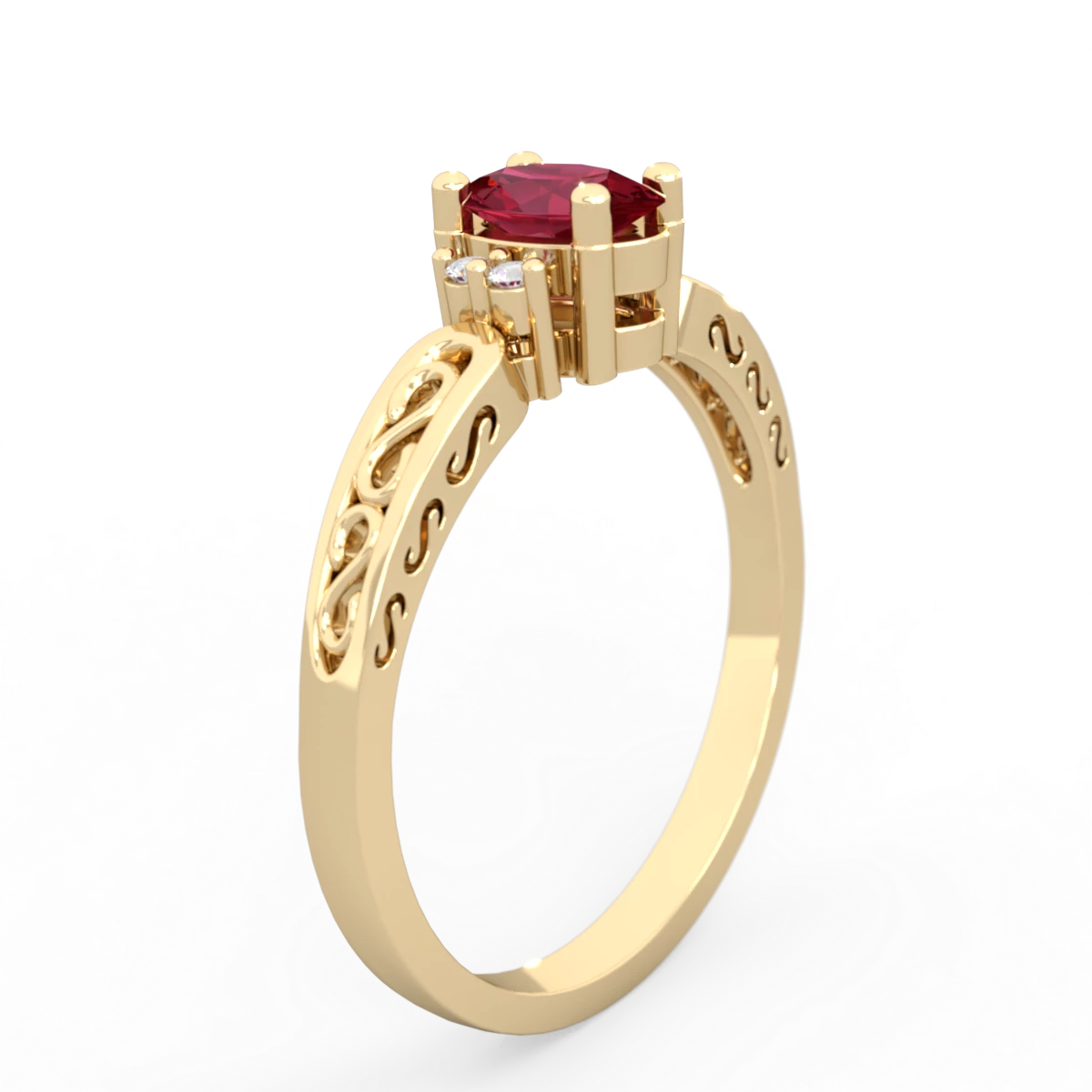 Lab Ruby Filligree Scroll Oval 14K Yellow Gold ring R0812