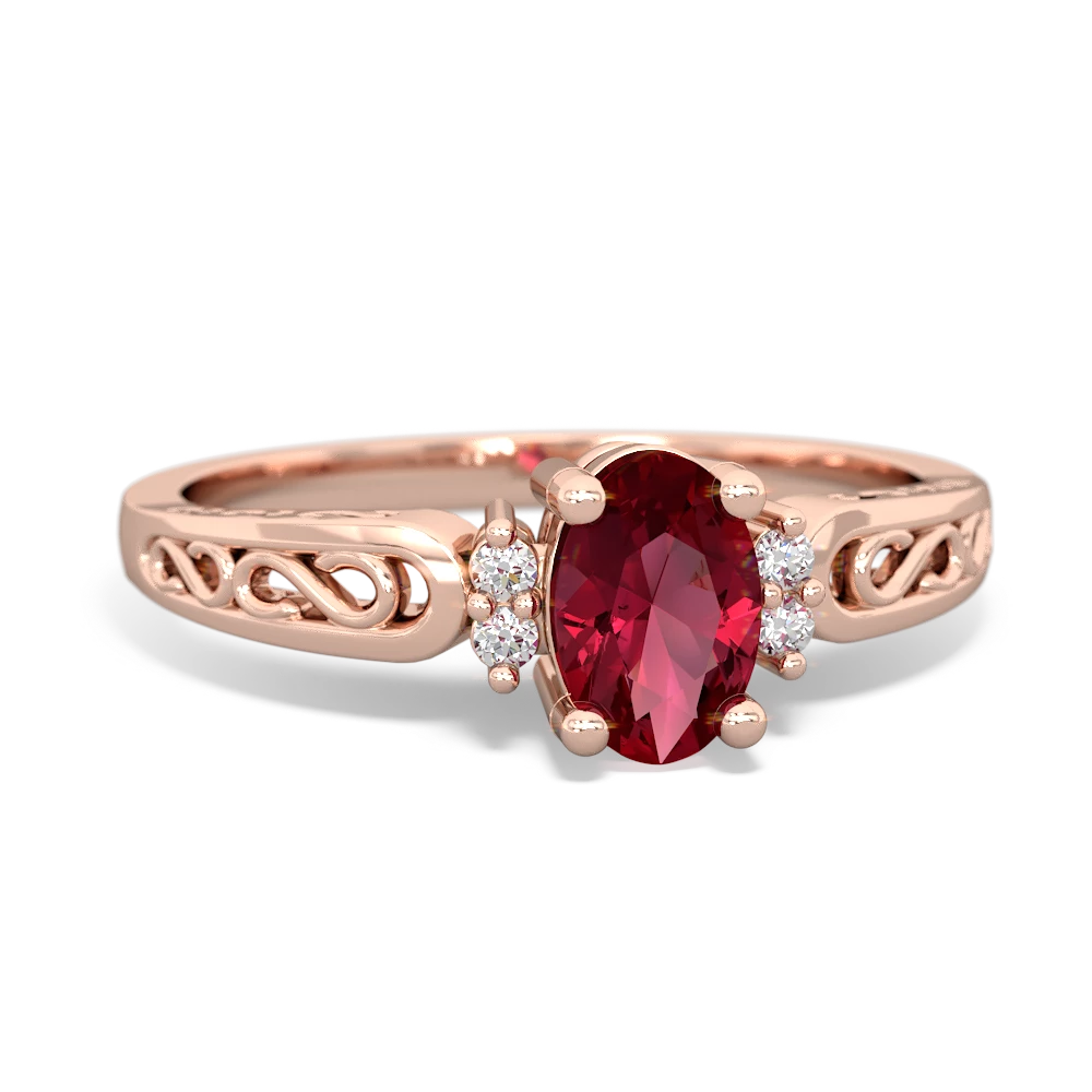 Lab Ruby Filligree Scroll Oval 14K Rose Gold ring R0812