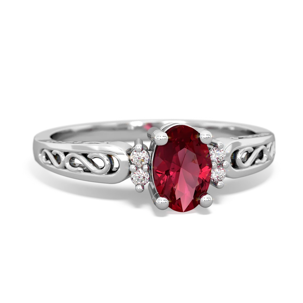 Lab Ruby Filligree Scroll Oval 14K White Gold ring R0812