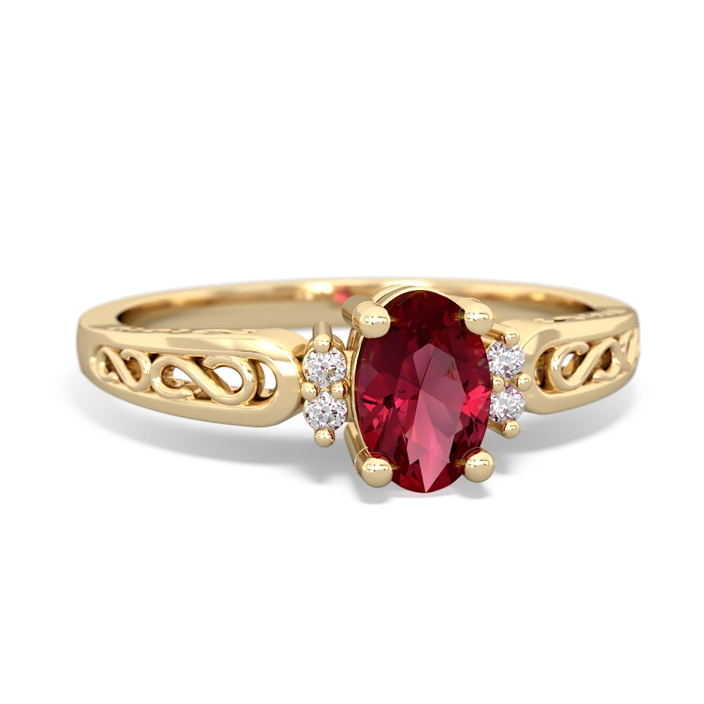 Lab Ruby Filligree Scroll Oval 14K Yellow Gold ring R0812