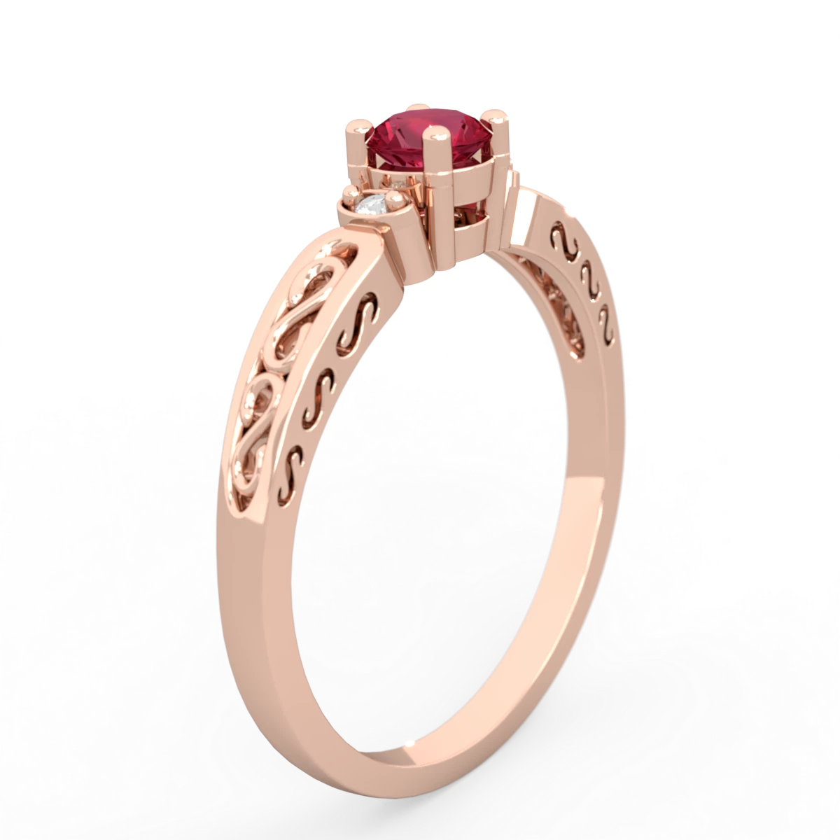 Lab Ruby Filligree Scroll Round 14K Rose Gold ring R0829