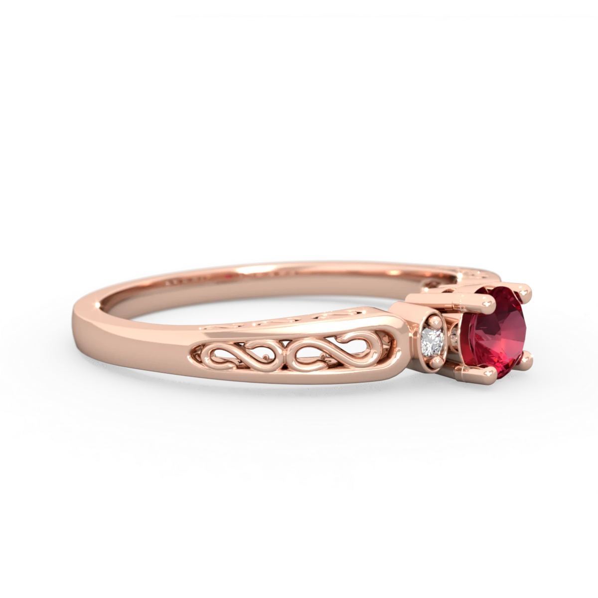 Lab Ruby Filligree Scroll Round 14K Rose Gold ring R0829