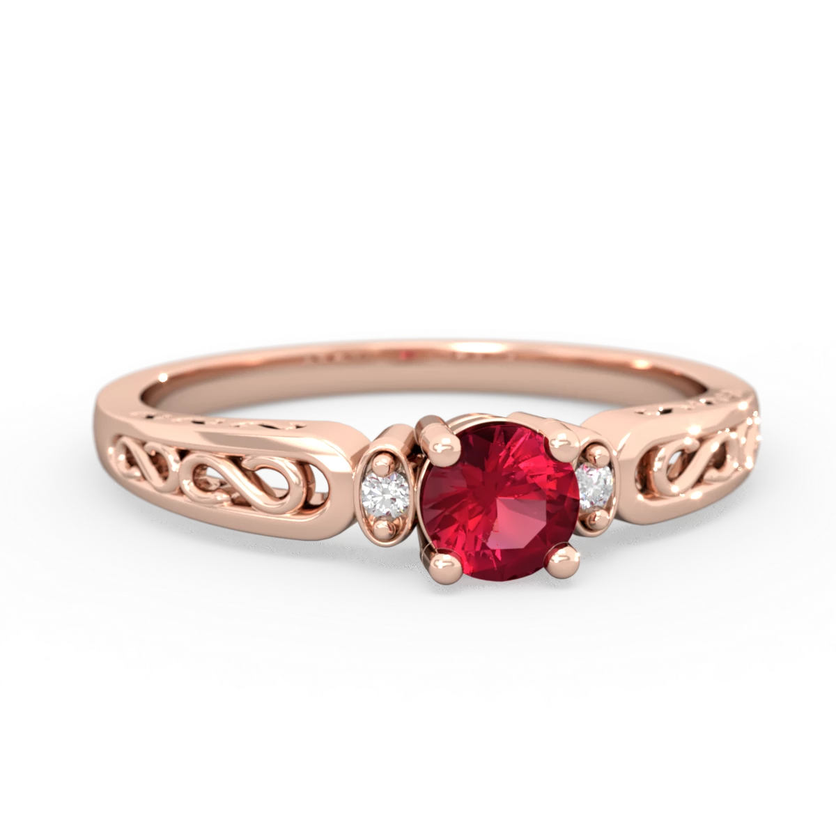 Lab Ruby Filligree Scroll Round 14K Rose Gold ring R0829