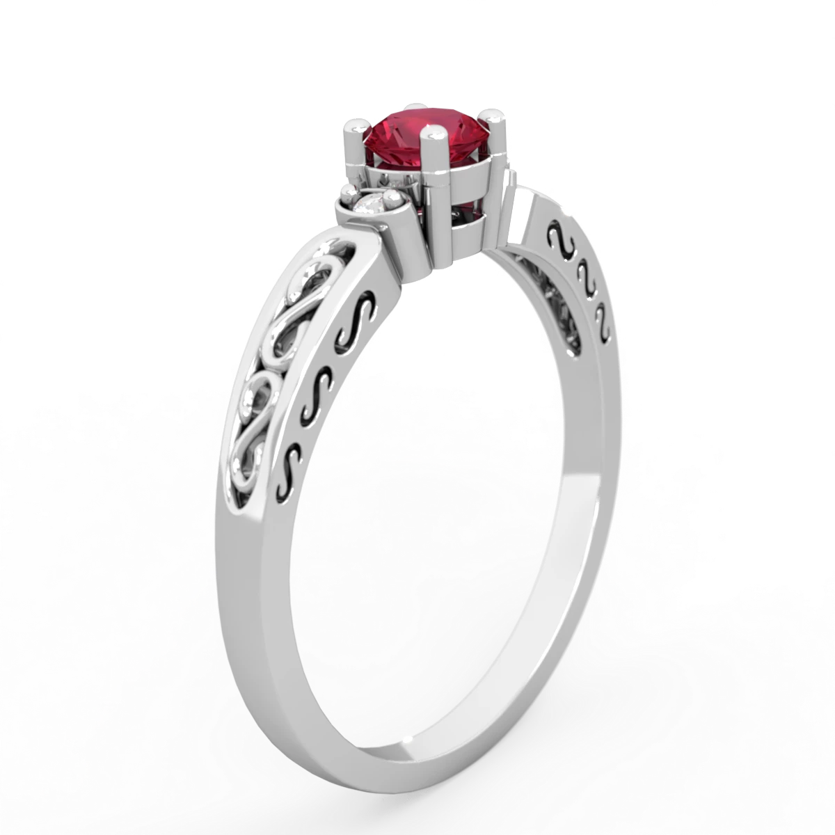 Lab Ruby Filligree Scroll Round 14K White Gold ring R0829